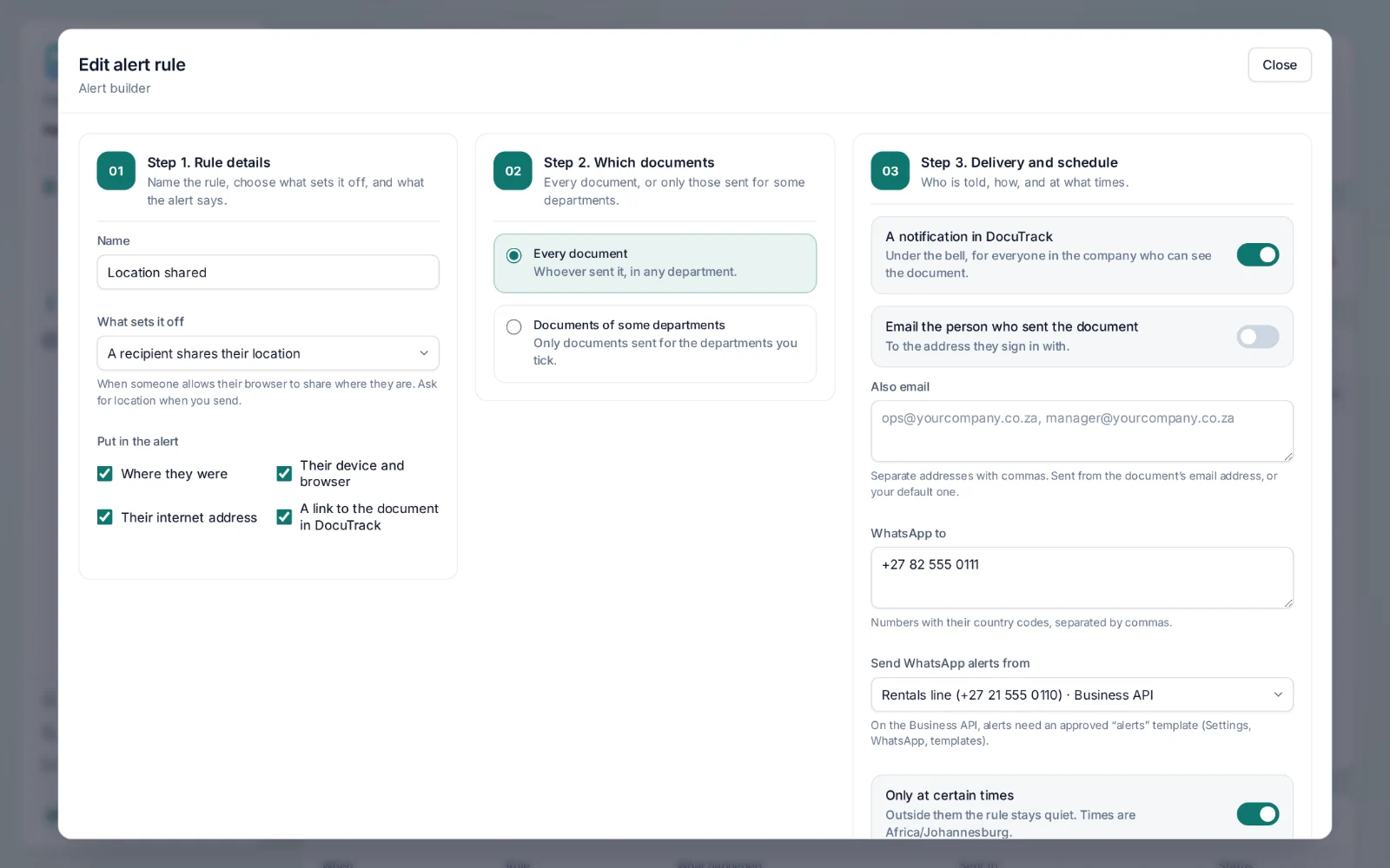 DocuTrack — the three steps of an alert rule