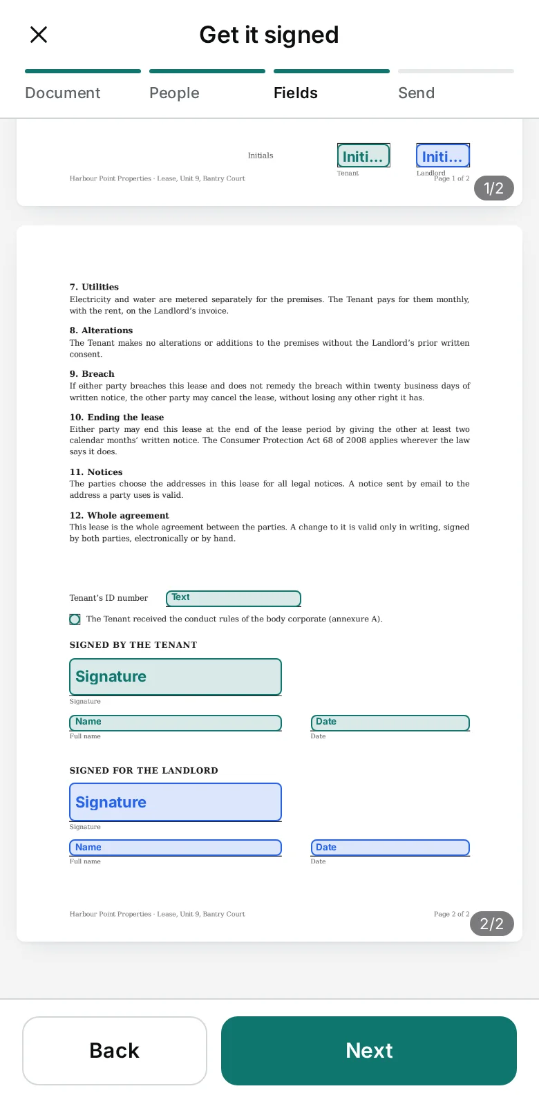 DocuTrack — placing the signature fields in the app