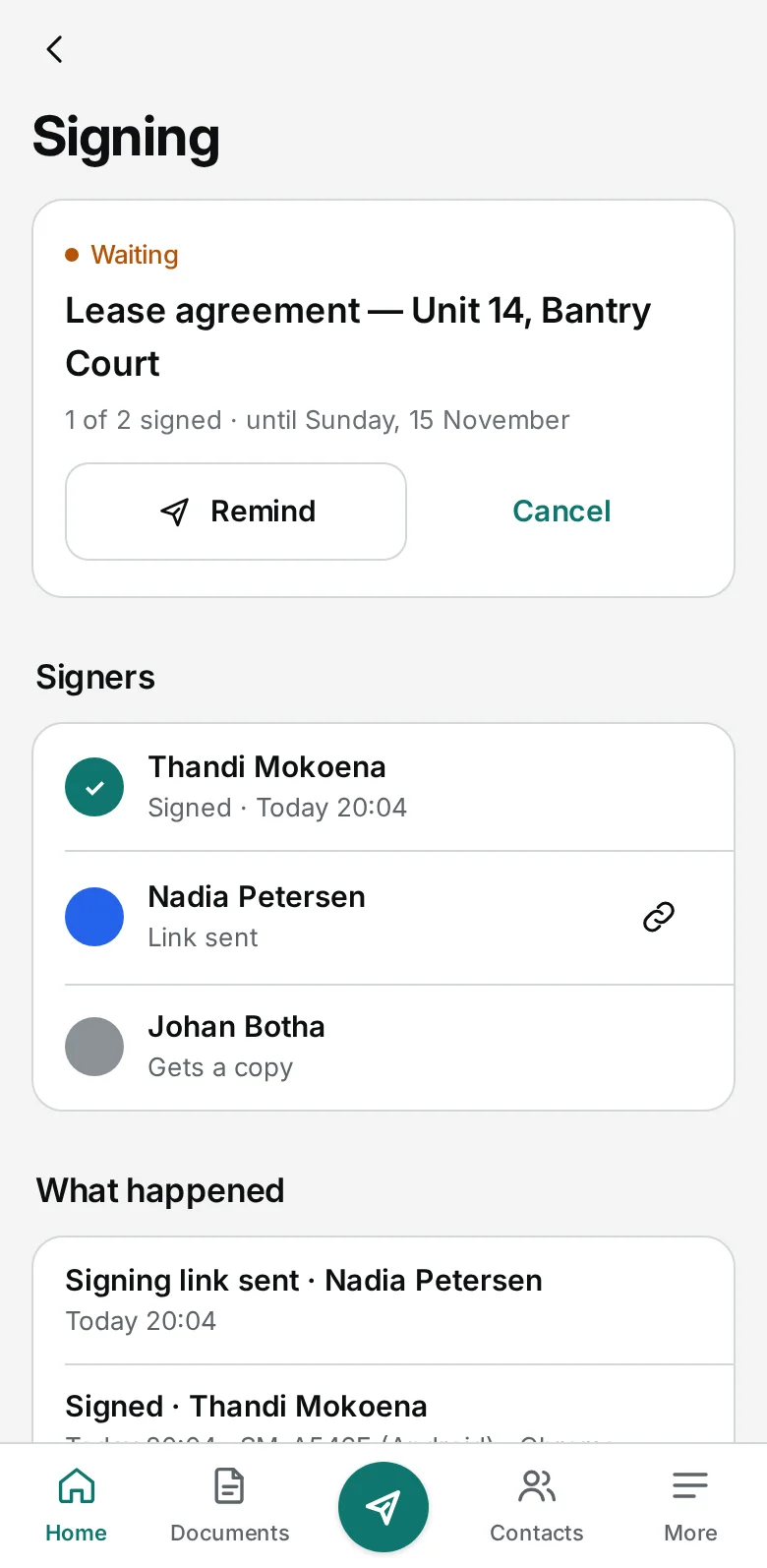 DocuTrack — a lease half signed, in the app