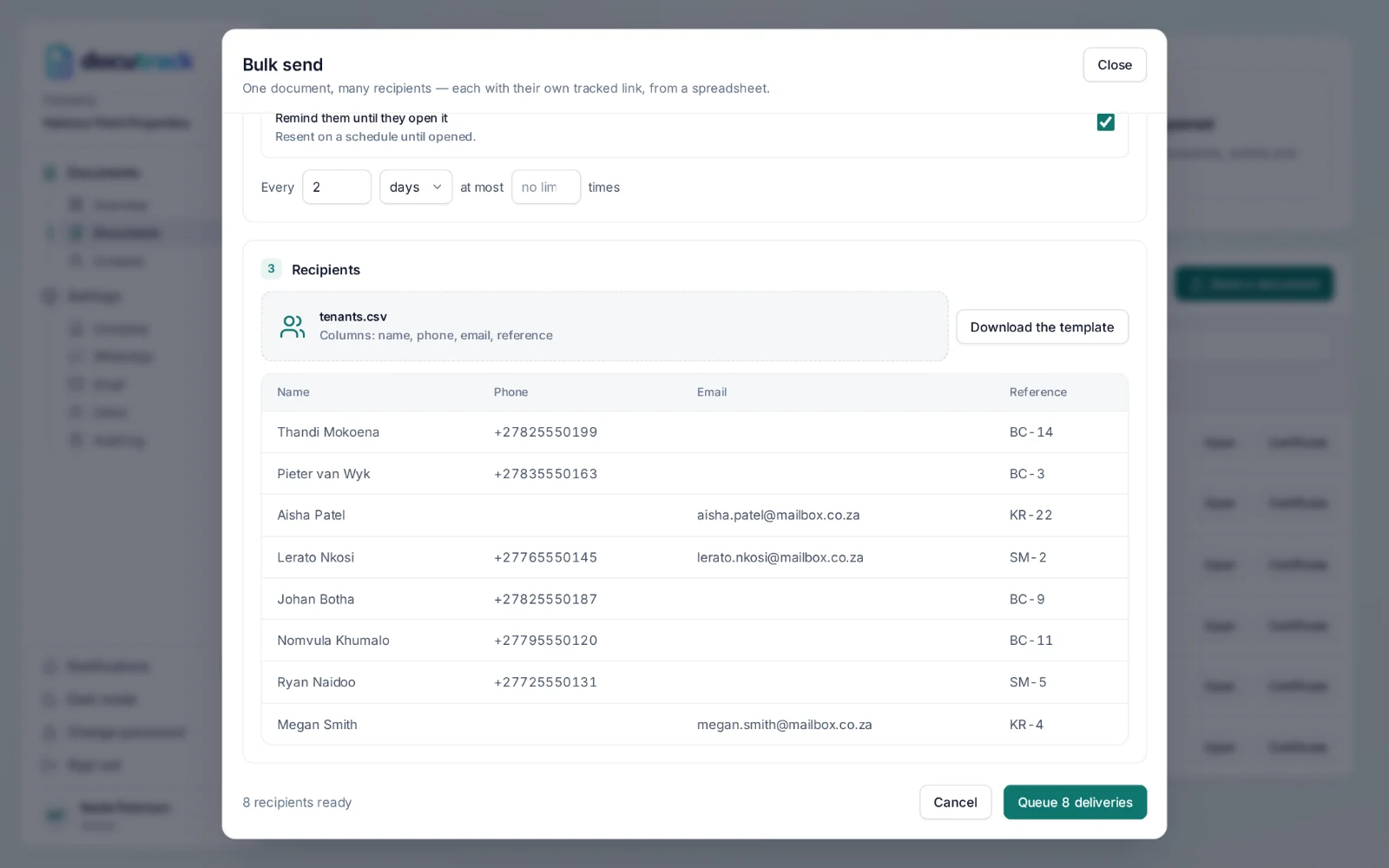 DocuTrack — a bulk send from a spreadsheet