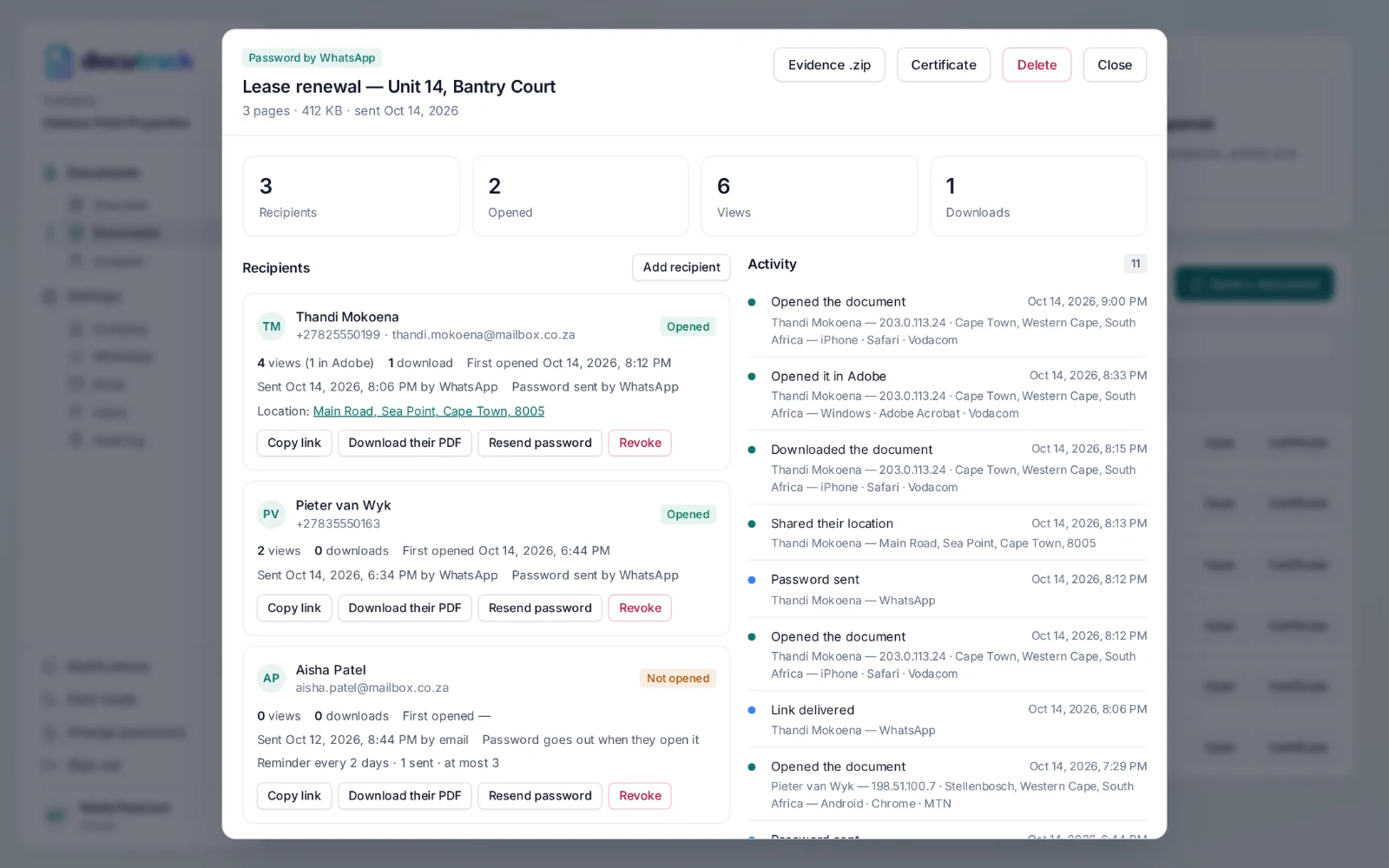 DocuTrack — a document, its recipients and every open