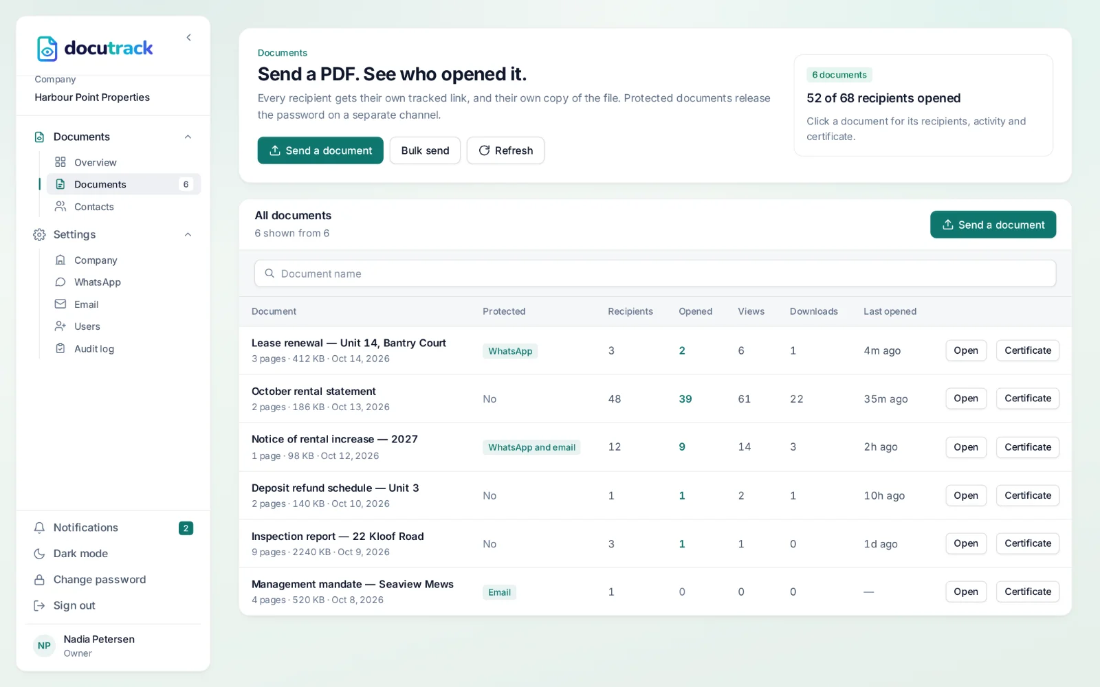 DocuTrack — documents with their recipients, opens and views