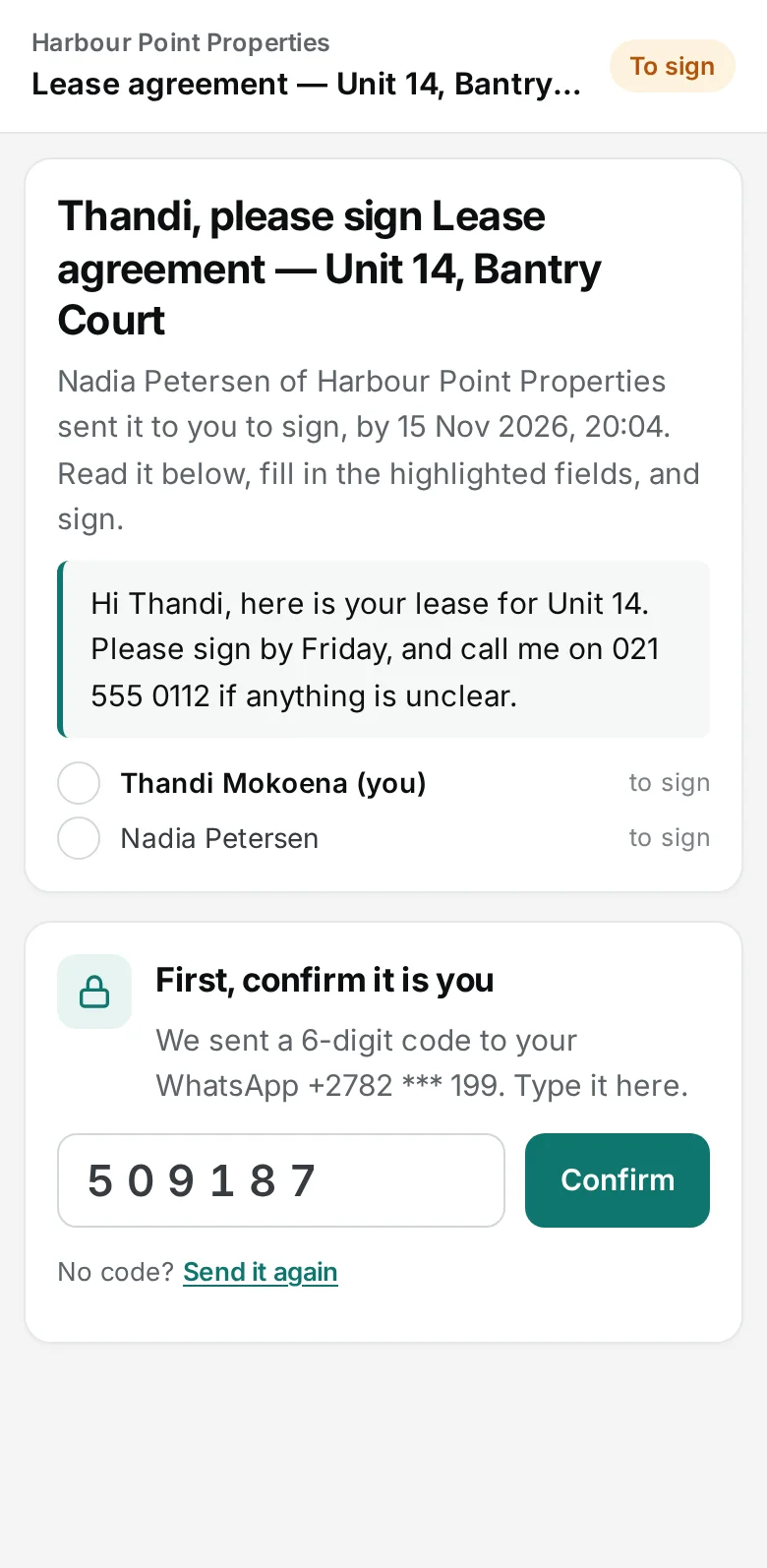 DocuTrack — confirming it is her with the code from WhatsApp