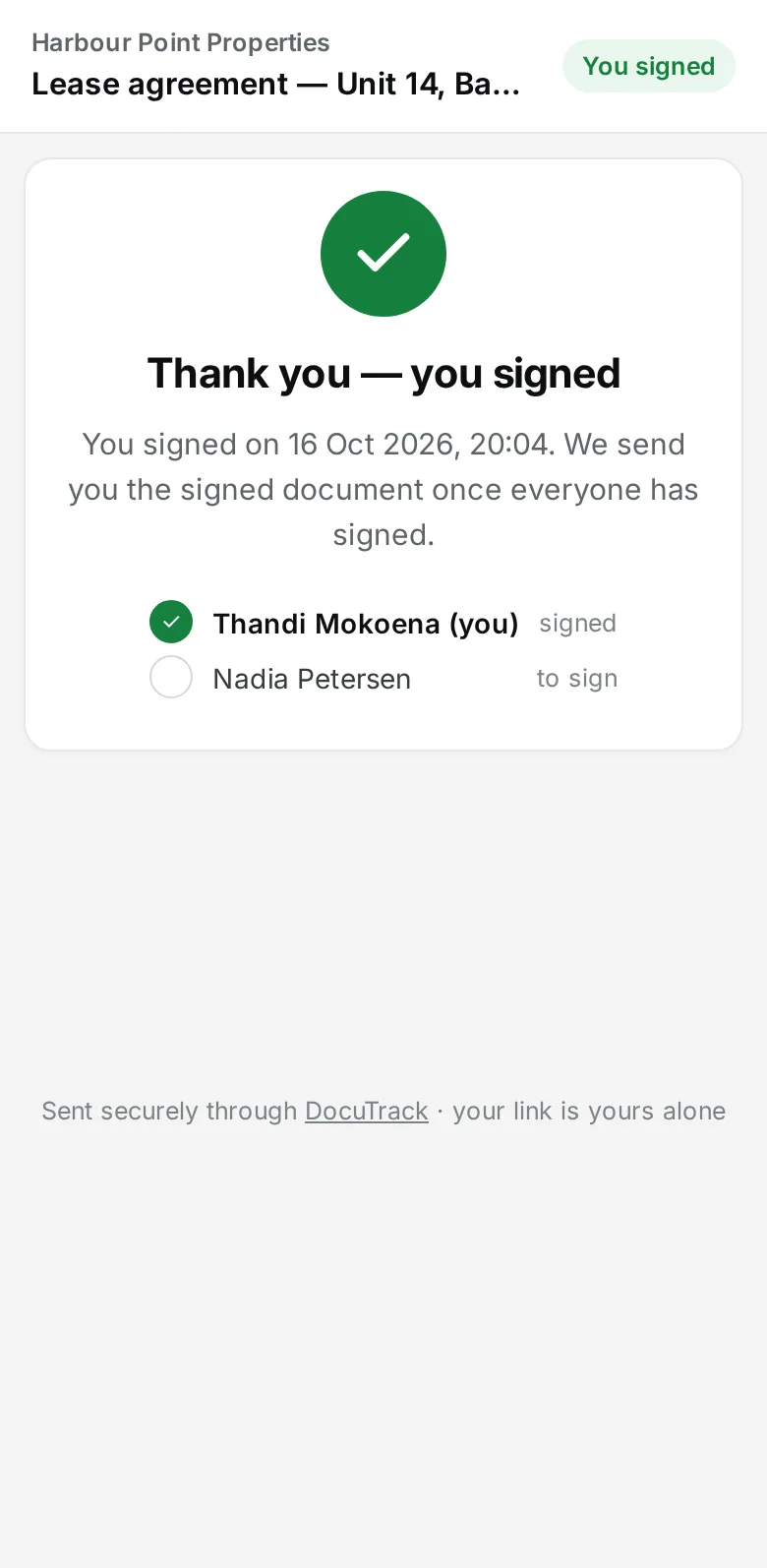 DocuTrack — signed: the thank-you page