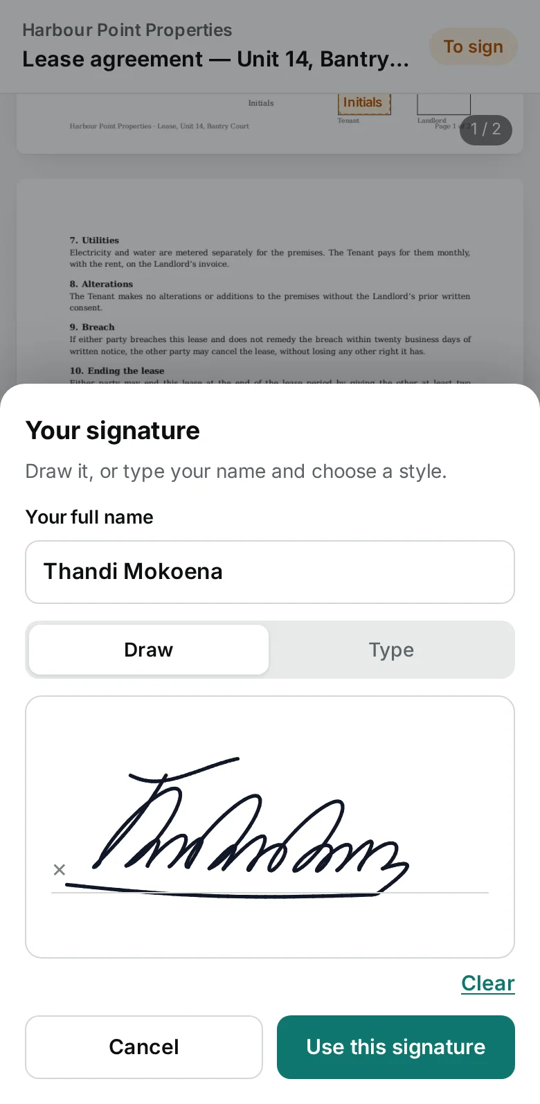 DocuTrack — a tenant drawing her signature on her phone
