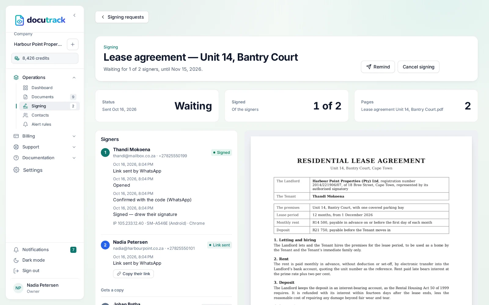 DocuTrack — a lease signed by the tenant, now waiting for the landlord