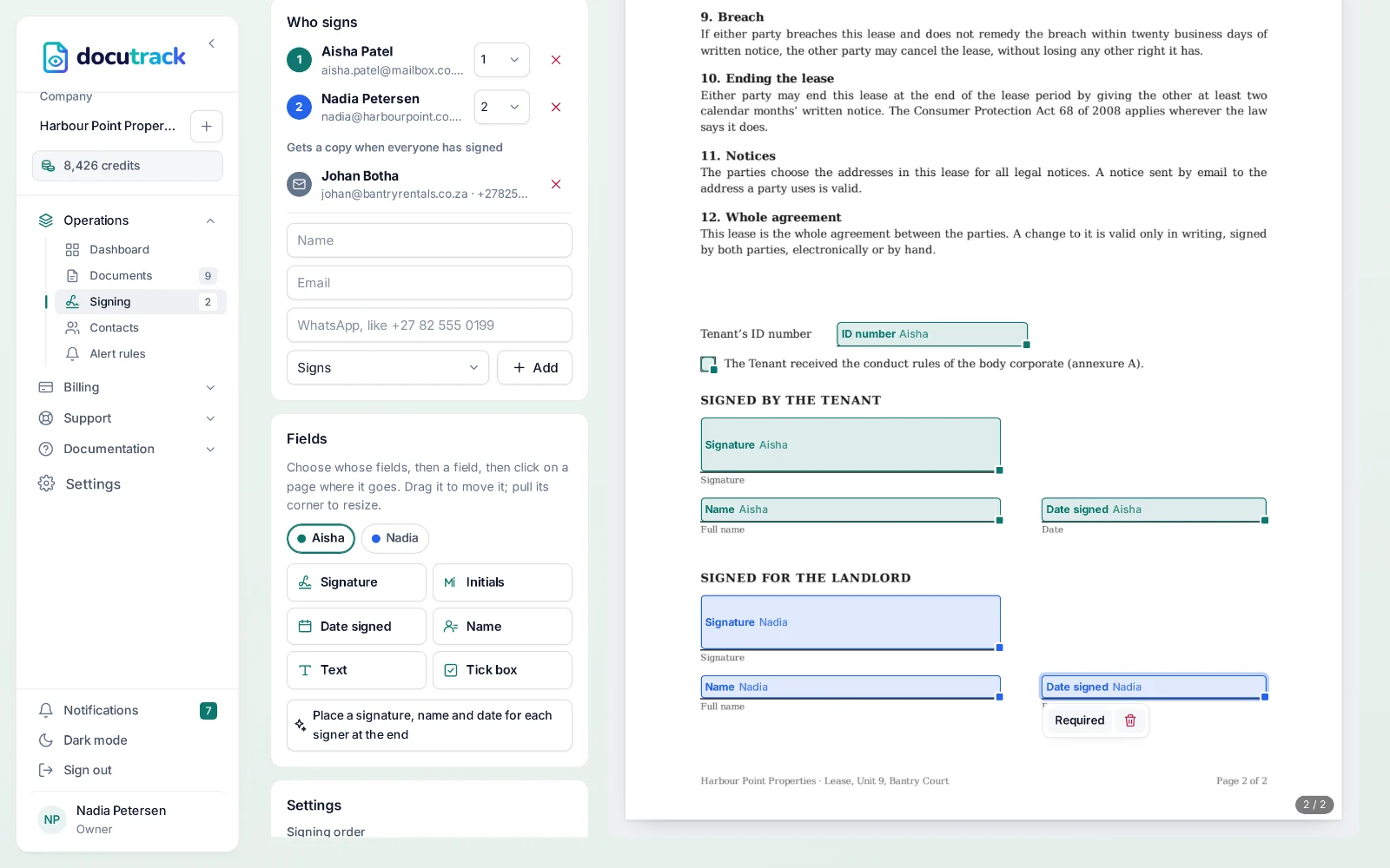 DocuTrack — placing the signature, name and date fields on a lease