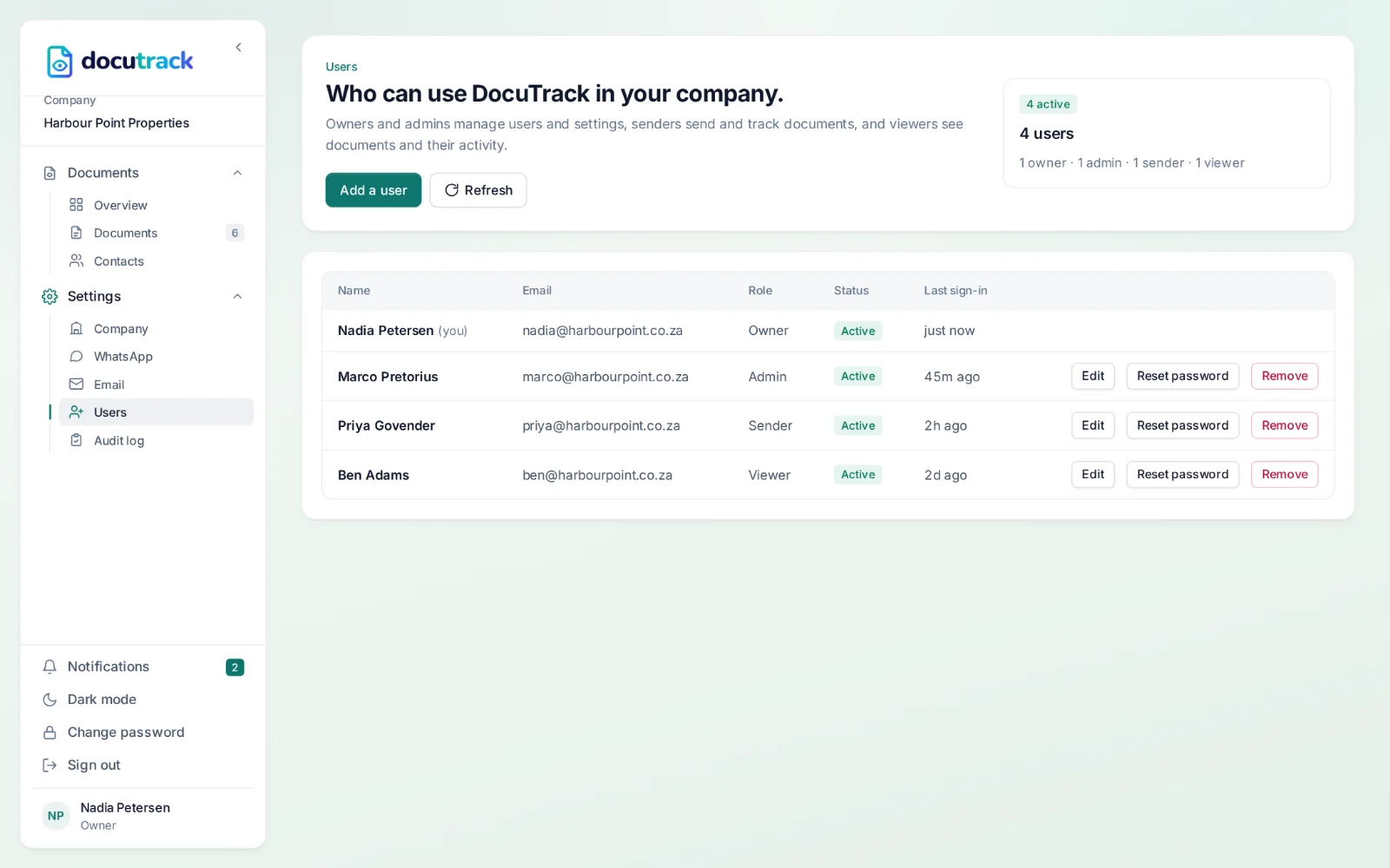 DocuTrack — users and their roles
