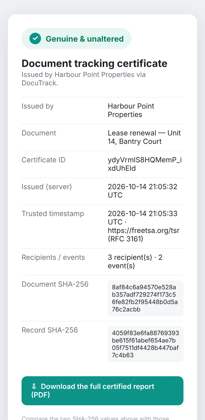 DocuTrack — checking a certificate on a phone