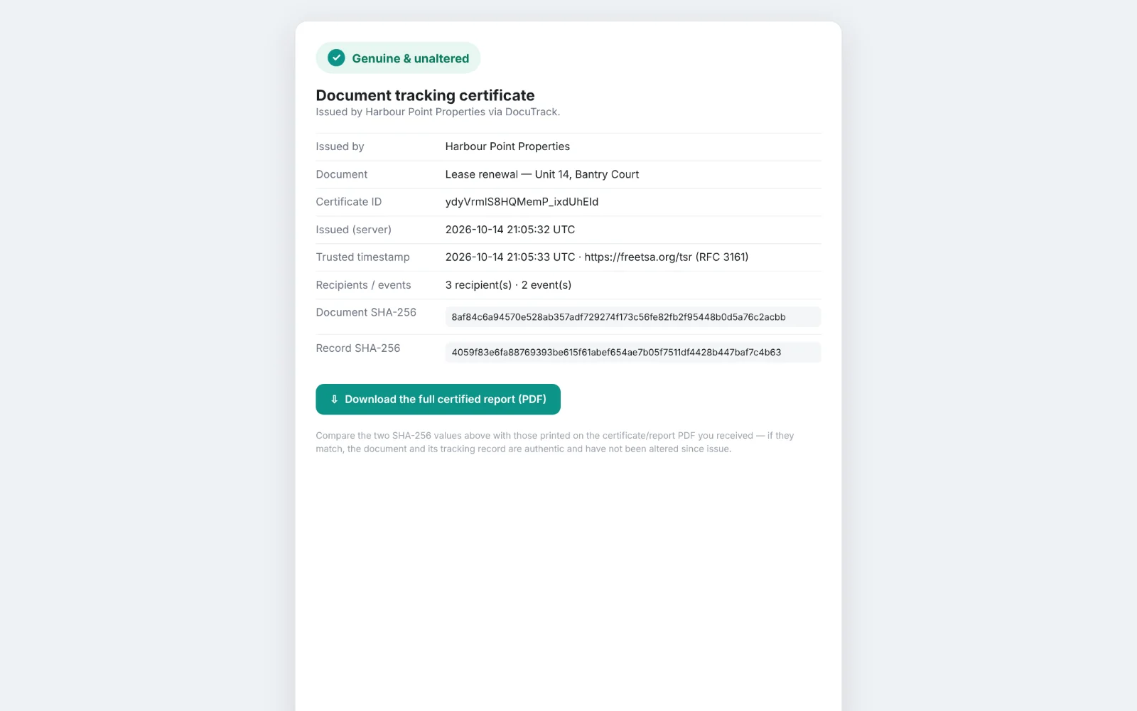 DocuTrack — the public page that checks a certificate