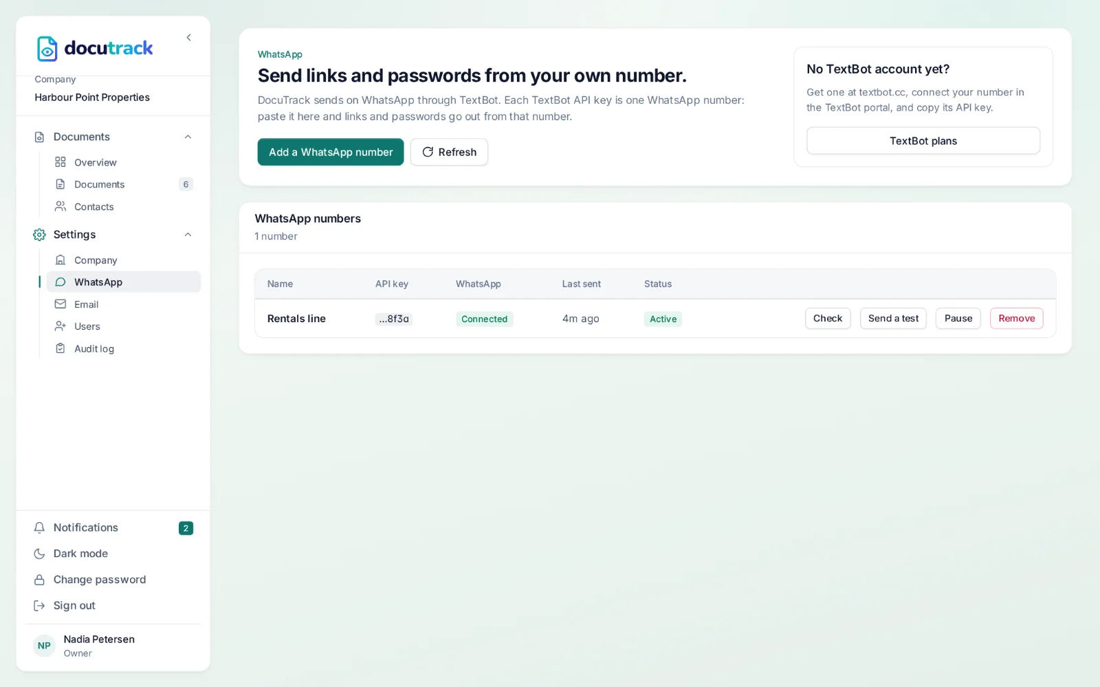 DocuTrack — a WhatsApp number connected to DocuTrack