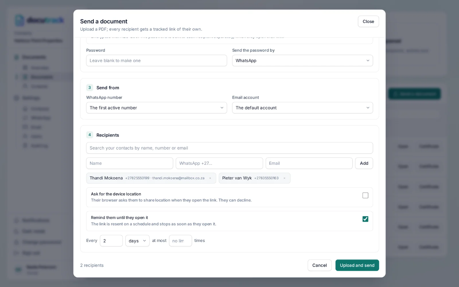 DocuTrack — sending a password-protected document